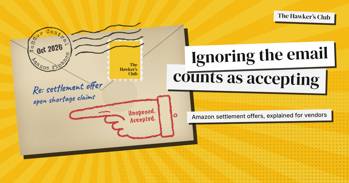 A sealed envelope stamped Vendor Central, Oct 2026, marked Re: settlement offer, open shortage claims, with a red hand stamp pointing at the words Unopened. Accepted. Beside it: Ignoring the email counts as accepting.